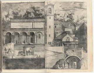 Ansicht des Quadranten: die Haupttür, der Platz, die Kirche und die Loggia des Klosters Monte della Vernia (Prospettiva dell