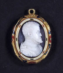 Porträt von König Philipp II. von Spanien (1527-1598). Medaillon in Chalcedon