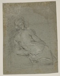 Halbfigur eines halbnackten Mannes, der sich nach links lehnt