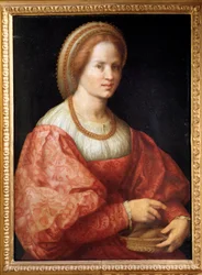 Porträt einer Dame mit einem Korb Spindeln
