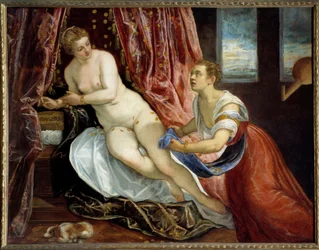 Danaë. Zeus verwandelt sich in Goldstücke, um Danaë zu verführen. Gemälde von Jacopo Robusti, genannt Il Tintoretto (Tintoretto) (1518-1594). Maße: 1,42x1,82 m. Lyon, Musée des Beaux-Arts
