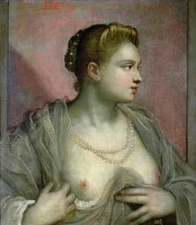 Porträt einer Frau, die ihre Brüste enthüllt, ca. 1570