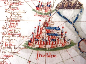 Detail von Jerusalem und Damaskus von einer Renaissance-Karte von Europa, nach Jacopo Russo, 1528