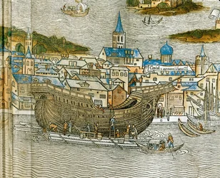 Bau einer Galeere in einer venezianischen Werft, aus Peregrinatio in Terram Sanctam, erstmals 1486 in Latein gedruckt