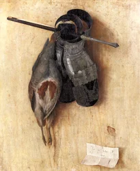 Stillleben mit Rebhuhn und Eisenhandschuhen