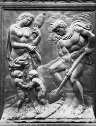 Adam und Eva zur Arbeit gezwungen, Tafel von der Porta Magna, ca. 1430