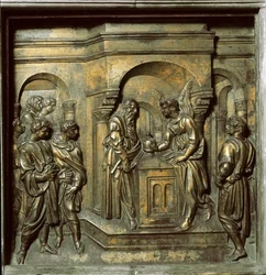 Der Engel erscheint Zacharias (Bronzeplatte vom Taufbecken, ca. 1427)