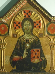Erlöser, Detail aus Erlöser mit Madonna und drei Heiligen, von Meliore Toscano oder Meliore di Jacopo