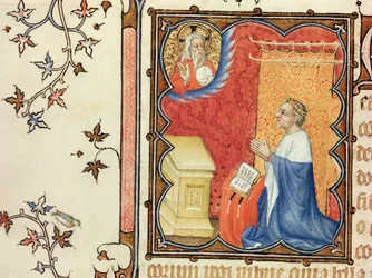 Ms Lat 18014 Jean de France (1340-1416) Herzog von Berry betet vor dem Ewigen Vater, aus Les Petites Heures de Duc de Berry, ca. 1385-90