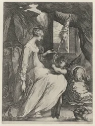 Die Jungfrau Maria spinnt mit dem Christkind und einem Engel