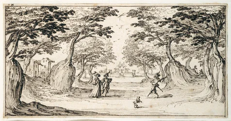 Ein feiner Herr und eine Dame tanzen im Wald zu einer Laute, ein Schloss in der Ferne