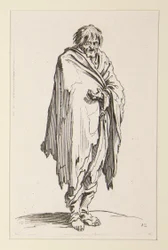 Barhäuptiger Bettler mit unbeschuhten Füßen, aus Die Bettler (Le mendiant à la tête découverte et aux pieds nus)