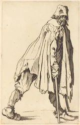 Bettler mit Krücken und Mütze