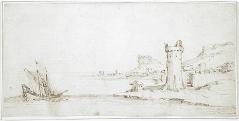 Landschaft mit Turm und Boot
