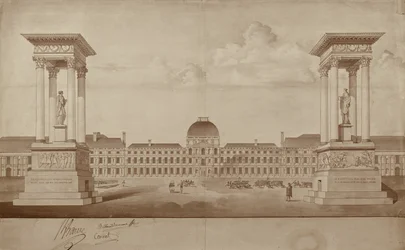 Plan für die Denkmäler zur Erinnerung an den 14. Juli und den 10. August, die am Place du Carrousel aufgestellt werden sollen (Feder & Tinte auf Papier)