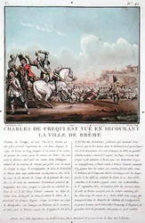 Charles de Crequi (ca. 1575-1637) wird während der Befreiung der Stadt Breme getötet, graviert von Jean Baptiste Morret (fl.1790-1820)