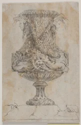 Prydvase mit zwei Köpfen und zwei Wassernymphen. Kopie nach Pl. 20 in der Suite der 1746 von Saly gezeichneten Vasen. "Vasa a se inventa..."