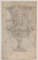 Zier-Vase mit zwei Putti (Meerjungfrauen?). Kopie nach Radierung (Tafel 9) aus der Suite der 1746 von Saly gezeichneten Vasen. "Vasa a se inventa..."