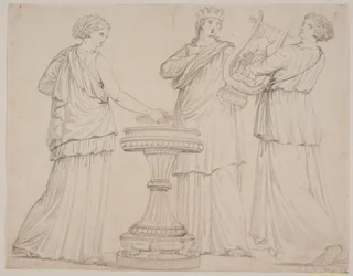 Drei Frauen in griechischen Gewändern an einem Altar. Die Frau links mit einer Tafel (?), in der Mitte mit einer Krone, rechts mit einer Lyra (Terpsichore?)