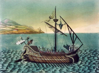 Duilius Corvus (Entervorrichtung) auf römischer Galeerenkriegsschiff, Gravur aus dem antiken Rom