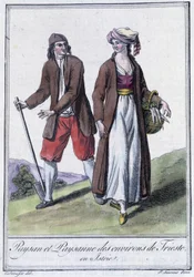 Bauer und Bäuerin von Triest, Italien - in „Encyclopedia of Travels“ von Grasset St Sauveur, Paris
