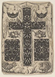 Lateinisches Kreuz mit Vögeln und kleineren Motiven, ca. 1614-19