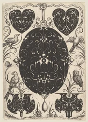 Ovales Anhänger dekoriert mit Schweifwerk, umgeben von kleineren Motiven und vier Vögeln, ca. 1614-19