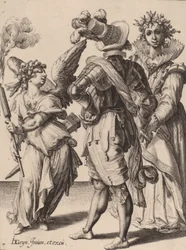 Ein blind gefesselter Amor hält eine Fackel vor ein Paar, zugeschrieben Zacharias Dolendo, 1595-6 (Gravur auf Büttenpapier)