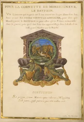 Ms. 11 (4) f.5, Emblem für Louis XIV, ca. 1663-68 (Gouache & Gold auf Pergament)
