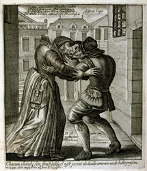 17. Jahrhundert gravierte Illustration aus einer Sammlung von Sprichwörtern. Paris 1657-1663. Von Jacques Lagniet (1620-1675). Französischer Graveur. Von ihm viele sozialkritische Gravuren und Spottbilder wie seine manchmal grotesken und fantastischen Illu