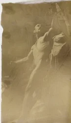 Studie eines männlichen Aktmodells mit der Hand in einer Halterung, von unten gesehen, im Atelier von Jacques de Lalaing