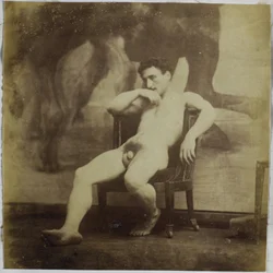 Studie eines männlichen Aktmodells, sitzend in einem Stuhl, im Atelier von Jacques de Lalaing