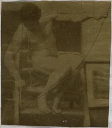 Studie eines männlichen Aktmodells, sitzend auf einer Treppe, von vorne gesehen mit Seil und Bogen auf dem Schoß, im Atelier von Jacques de Lalaing