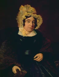 Porträt von Mrs. Edward Cross in einem dunklen Satinkleid mit einem Paisley-Schal, 1838