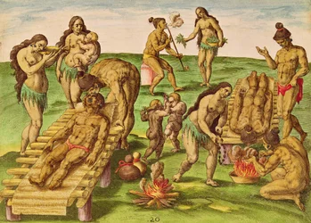 Wie die Indianer ihre Kranken behandeln, aus „Brevis Narratio..“, gestochen von Theodore de Bry (1528-98), veröffentlicht in Frankfurt, 1591