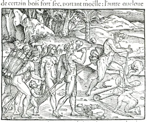 Indianer macht Feuer nach der Jagd, graviert von Theodor de Bry