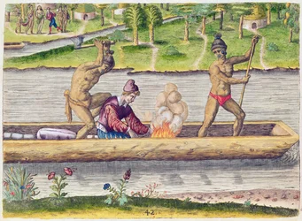 Die Ermordung eines Franzosen, aus „Brevis Narratio..“, gestochen von Theodore de Bry (1528-98), veröffentlicht in Frankfurt, 1591