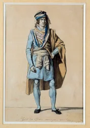 Französische Revolution: Entwurf für ein bürgerliches Kostüm 1793 „Kleidung des Gemeindebeamten mit der Schärpe“ Aquarell von Jacques Louis David (1748-1825)