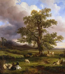 Tiere ruhen um eine große Eiche, 1842