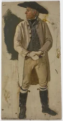 Bauer mit großem Hut, weißer Jacke, Stulpenstiefeln