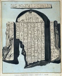 Tafel der Hieroglyphen gefunden in Axoum (Aksoum) - in „Reise nach Nubien und Abessinien unternommen, um die Quellen des Nils zu entdecken, in den Jahren 1768 bis 1772“, von James Bruce, Bd. 1, Paris