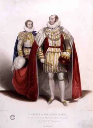 Ein Prinz des Königshauses im Krönungsgewand und Roben des Staates, begleitet von seinem Zugträger