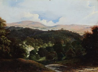 Landschaft mit Gebäuden im Wald