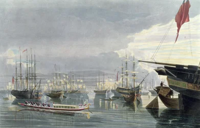 Ansicht des Flusses, Schiffe und Stadt Kalkutta, von der Nähe von Smiths Dock, 1837, graviert von Robert Havell dem Jüngeren