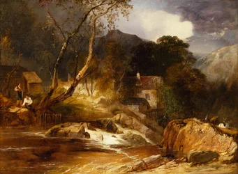Jungen angeln an einer Wassermühle
