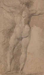 Mann mit weit ausgestreckten Armen von hinten gesehen