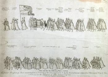 Der Trauerzug von Königin Elizabeth I., nach einer Zeichnung der Zeit, die angeblich von William Camden, dem Clarencieux King-at-Arms, stammt, graviert von James Basire (1730-1802), veröffentlicht 1791