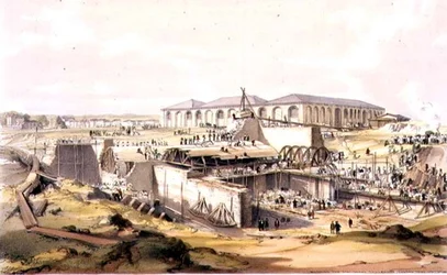 Bau des stationären Maschinenhauses, Camden Town, 28. April 1837, graviert vom Künstler