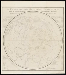 Eine Karte der südlichen Hemisphäre; zeigt die Routen einiger der bekanntesten Entdecker, von Kapitän James Cook, von Seiner Majestät Marine