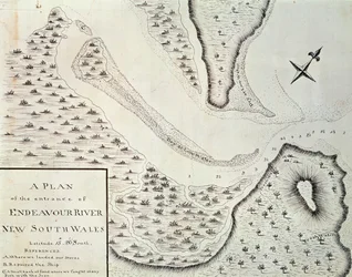 Karte des Eingangs des Endeavour River, Karte aus dem Bericht der ersten Reise unter der Leitung von James Cook (1728-1779) zwischen 1768 und 1771, Australien